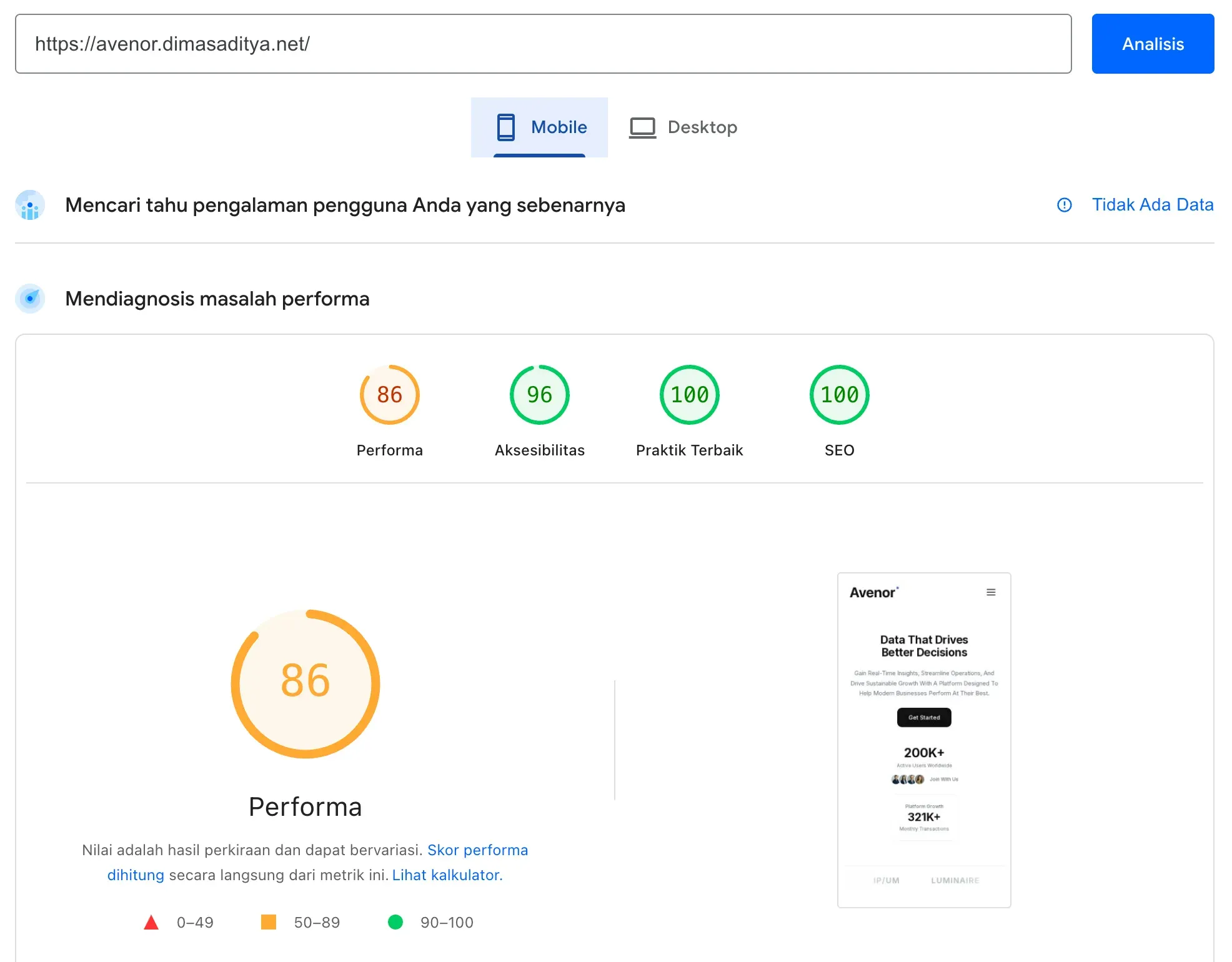 Avenor PageSpeed Desktop